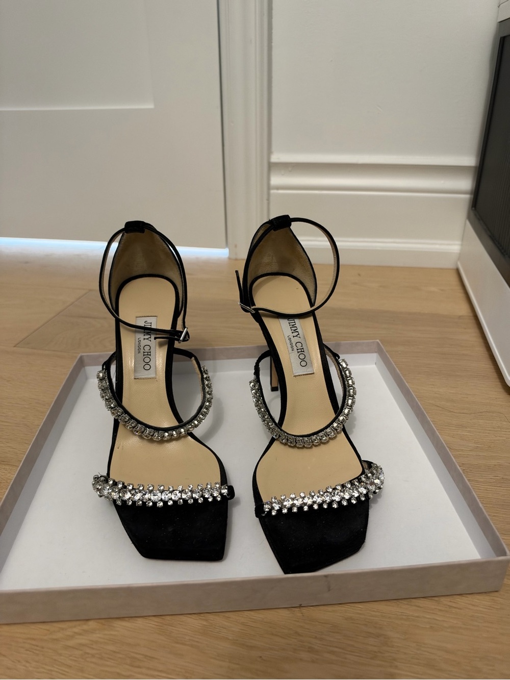 Jimmy Choo Black Crystal-Embellished Ankle-Strap Heels